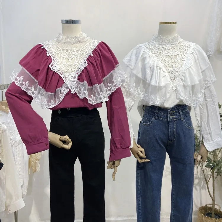 Блузка Colorfaith женская летняя из хлопка и льна с кружевными оборками стоячим