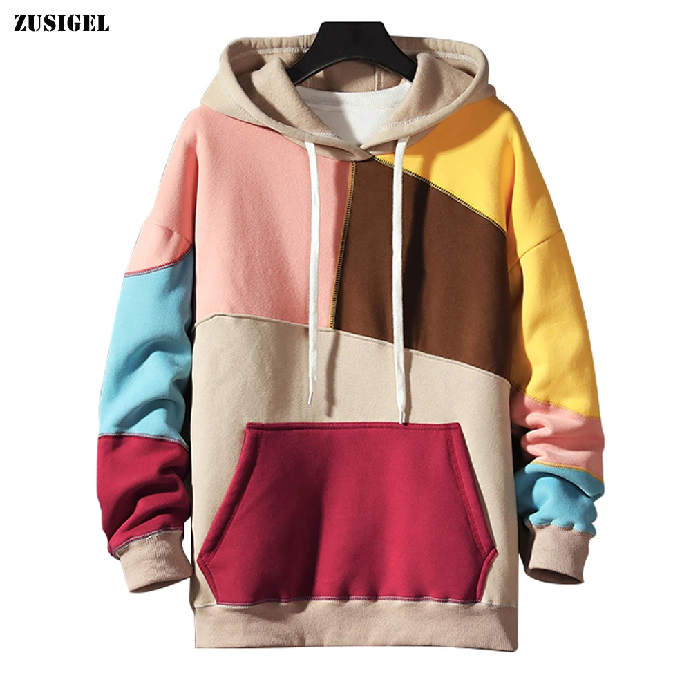 ZUSIGEL Autumn Winter Thicken Fleece Tangram Color Stitching Mens Hoodies Sweatshirts Loose Japanese Streetwear Hoodies Men