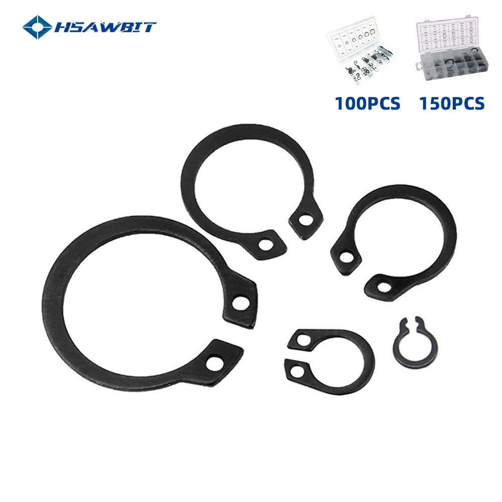 

100/150pcs C type External Retaining Circlips Assortment Kit Snap Ring Clip Washers Carbon Steel Black Internal M6-m25