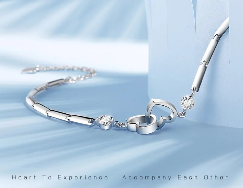 New 925 Sterling Silver Heart To Heart Bracelet Fashion Female Models Cute Vintage Wild Super Flash White Crystal Jewelry SL147