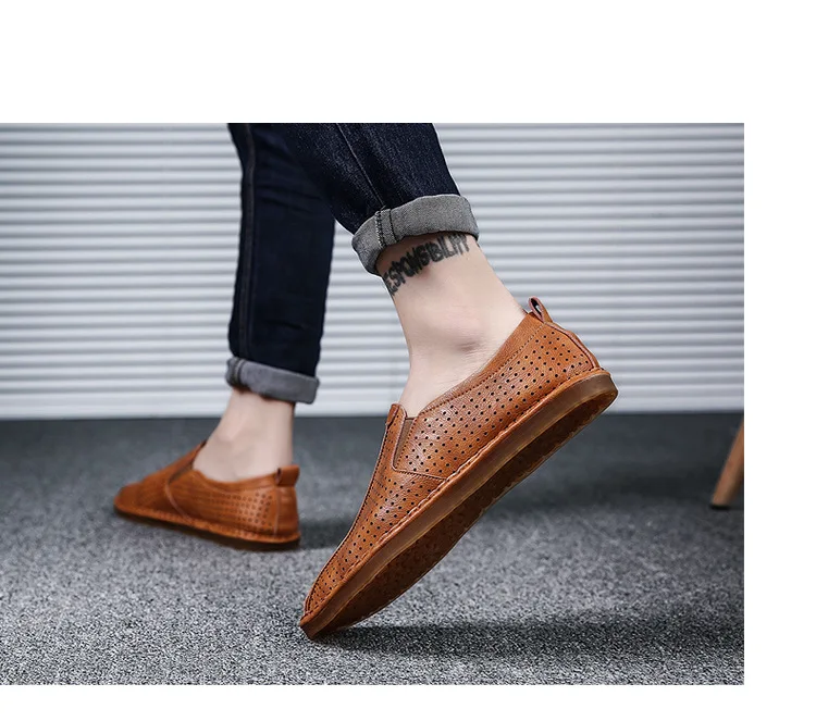 BZBFSKY Spring Hollow Leather Men Loafers Slip On Breathable Soft Outdoor Man's Footwear Flats Comfortable Casual Men's Shoes