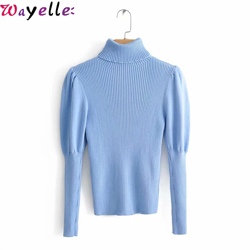 

Women Sweater Winter 2019 Fashion Turtleneck Puff Sleeve Basic Knitting Sweater Autumn Casual Slim Pullovers Women Chic Tops