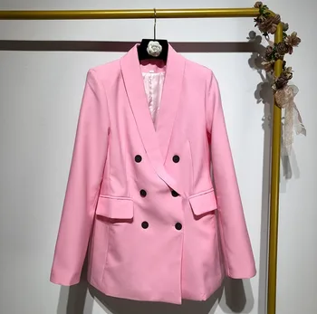 

New Spring Fall Women Retro Pink Blazer Suit Coat Double-breasted Suit Jacket Lady's Work Wear Medium Long Coats