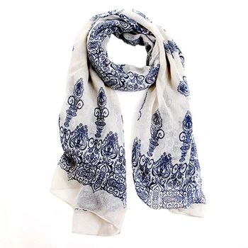 

Women's Spring Autumn Fashion Creamy White Soft Big Long Scarf Vintage Printing Scarves 150*70cm.