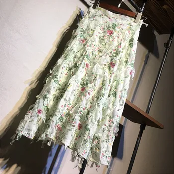 

2020 Female New Chiffon Fringed Floral Print Beach Skirt Spring Summer High Waist A-Line Midi Skirt