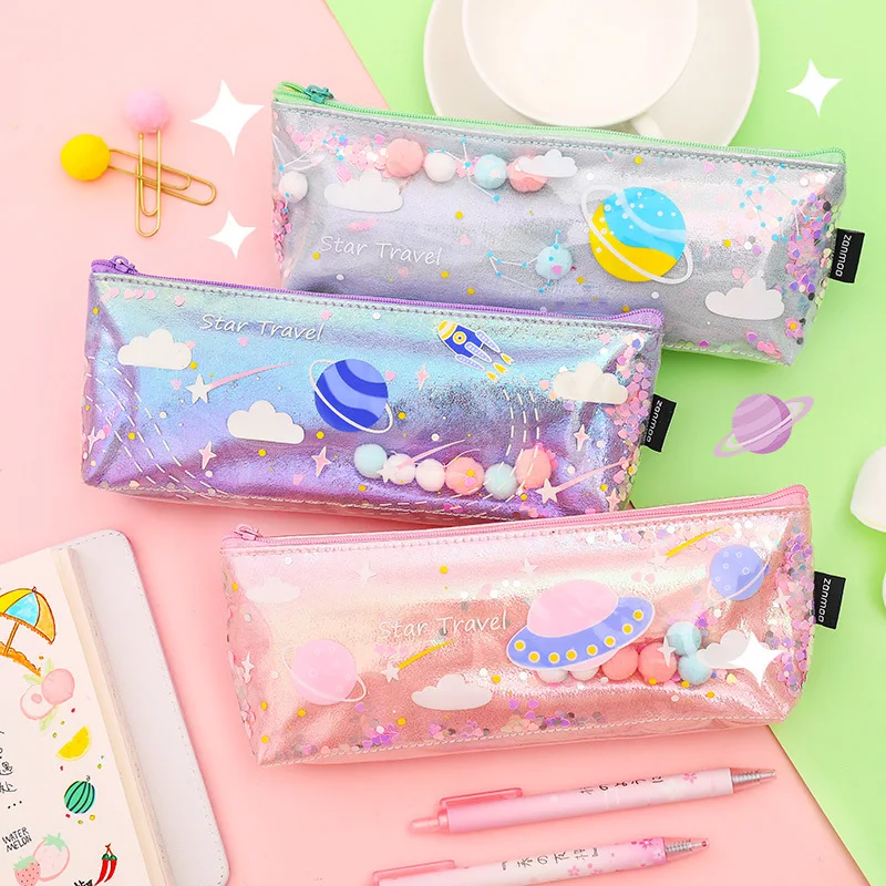 

Cute Galaxy Pencil Bags Laser Colorful Transparent Jelly Pencil Bag Fashion Pen Pencil Case School Student Supply Pencilcase