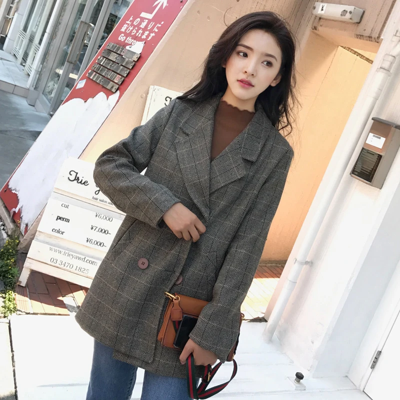 herfst nieuwe Koreaanse versie van de losse tij Harajuku bf wind lange Ретро клетчатый шикарный пиджак jasje vrouwelijke modeVrouwen