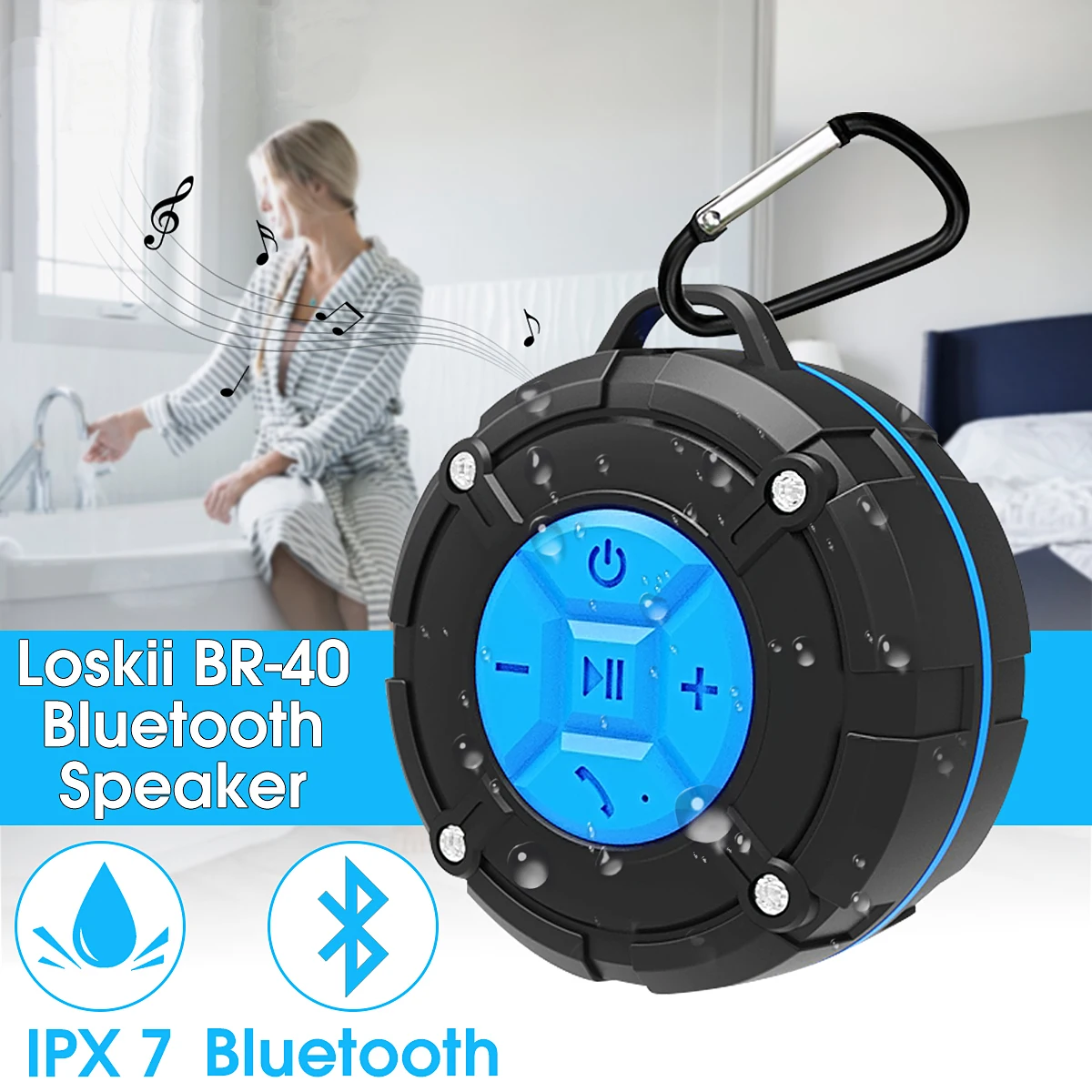 Loskii bluetooth 4.2 Stereo Outdoor Portable Speaker Mini Wireless IPX7 Waterproof Shower Bicycle Loudspeaker with Carabiner
