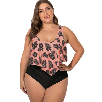 

Wipalo Plus Size 5XL Bikini Sets For Women Flower Print Ruffled Bathing Suits High Waist Tummy Control Two Piece Tankini Suits