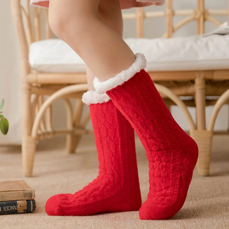 Зимние толстые плюшевые вязаные хлопковые домашние носки женские нескользящие домашние носки теплые Чулочные изделия до середины икры для домашних тапочек