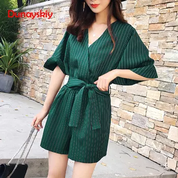 

Summer V-neck High Waisted Striped Playsuit Sashes Short Sleeve Women Romper Bodysuit 2020 Casual Short Jumpsuit Femininas