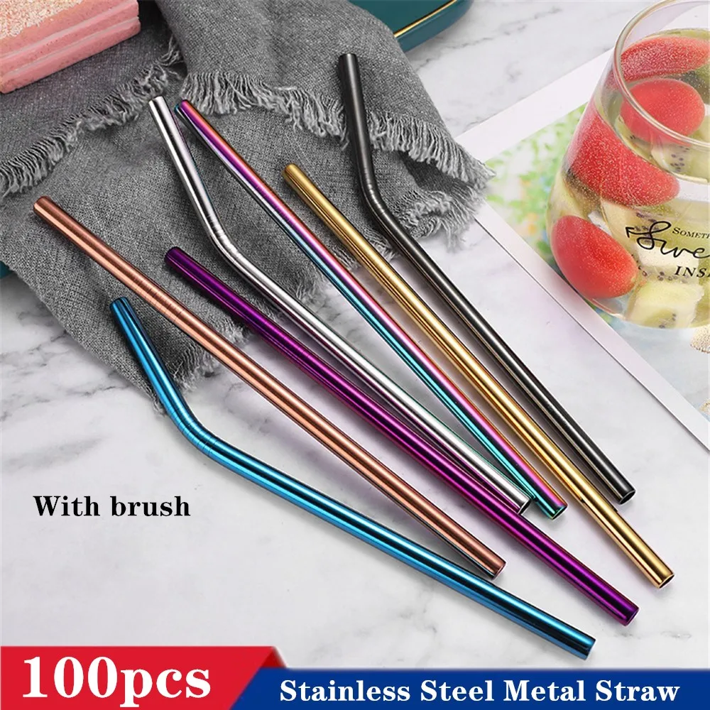 

100pcs Wholesale Price Reusable 304 Stainless Steel Metal Straw Colorful Drinking Straw High Quality with Cleaner Brush For Mugs