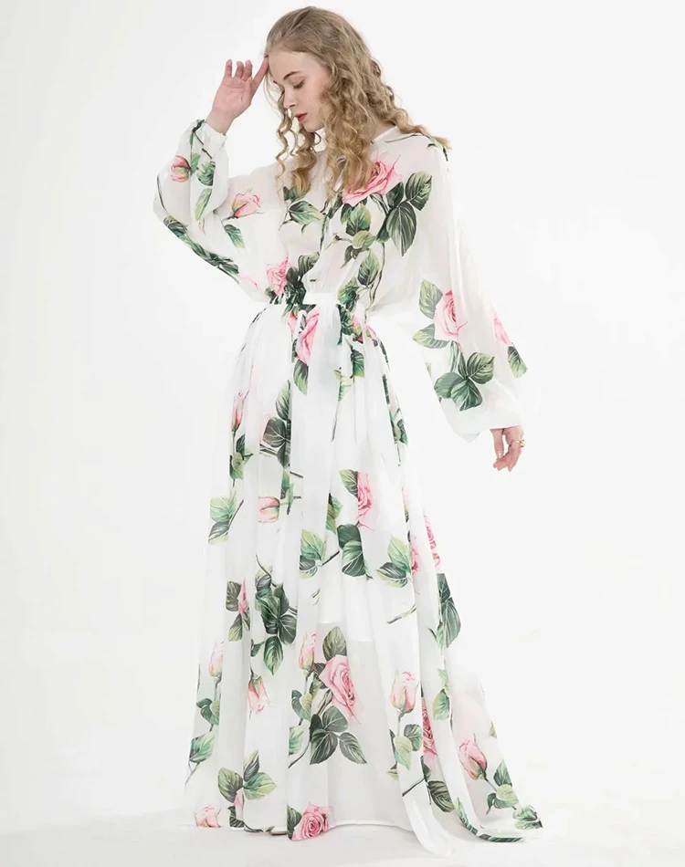 MoaaYina Fashion Designer dress Spring Summer Women Dress Long sleeve lily Floral-Print Vacation Maxi Dresses