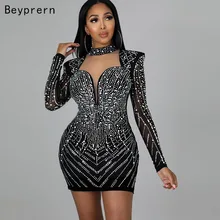 

Beyprern Black Rhinestones Pearl Mesh Padded Shoulders Dress Sparkle Mesh Patchwork Crystal Short Party Dress Chirstmas Outfits