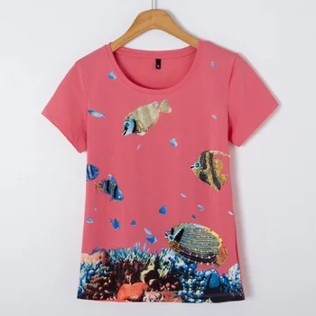 

Brand Fashion Women's High-end Luxury Summer Cotton Beads Diamond Fish Short-sleeved T-shirt Top