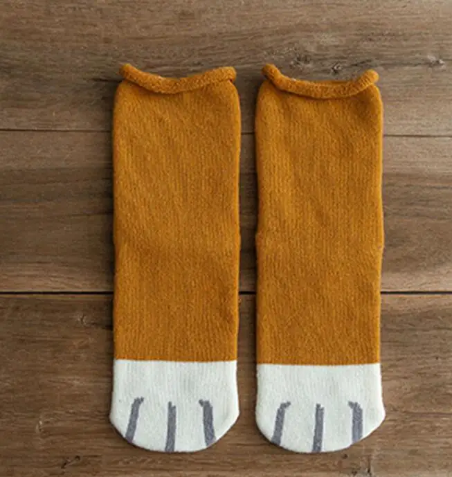 Милые носки с кошачьими лапами; женские носки с рисунками из мультфильмов; толстые носки из шерсти; теплые зимние хлопковые длинные забавные носки; Calcetines - Цвет: kahki