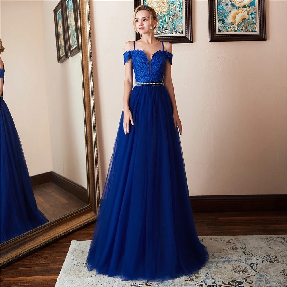 Adivinar Halar cobre Vestido de dama de Honor azul real con hombros descubiertos, tirantes  finos, Apliques de encaje con cuentas, fiesta de invitados de boda, vestido  de graduación de dama de Honor, nuevo - AliExpress