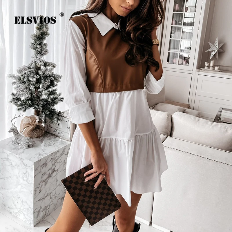 

Женское платье-трапеция из искусственной кожи, элегантное Сетчатое платье с отворотом и длинным рукавом, с высокой талией, весна 2021