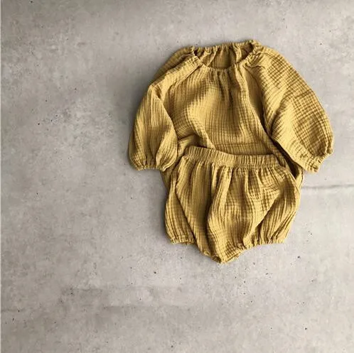 Autumn Baby Girls Boys Clothings Sets Kids Toddler Cotton Linen Long Sleeve Shirts+Bloomer 2pcs Japan Korean Kids Clothes