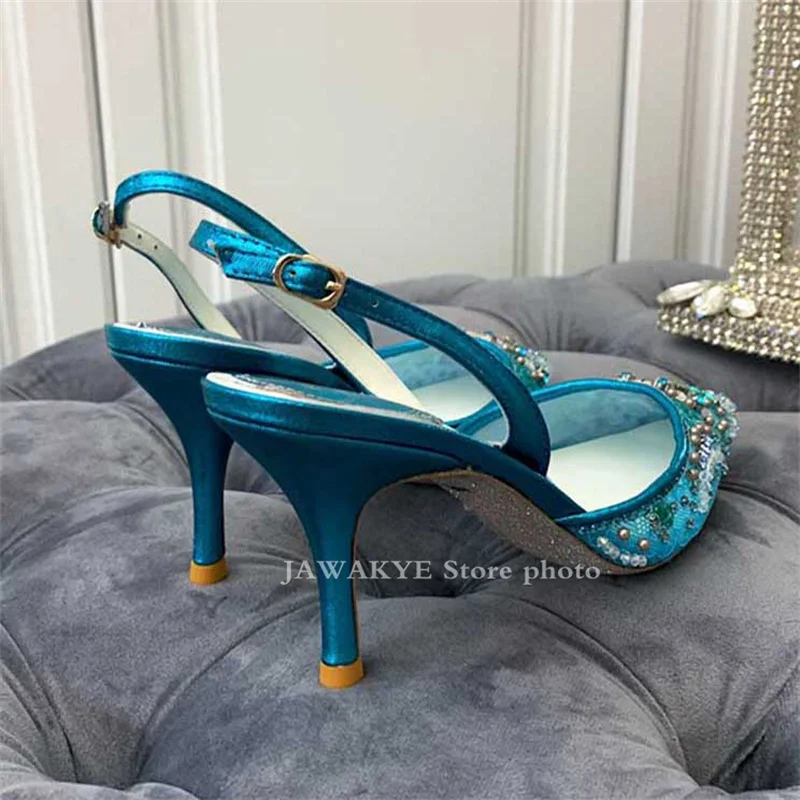 Women Lace Sling Back High Heel Sandals Inlaid Bead String Stiletto Sandals Formal Bride Party Shoes Summer Pumps Ladies mujer