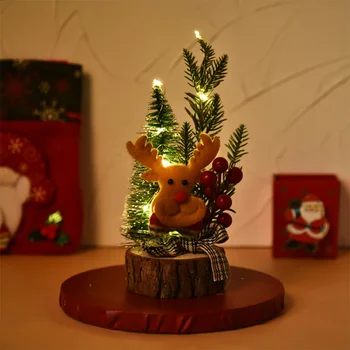 

Wooden Christmas Artificial Pine Cones With LED Light Desktop Ornaments Decor Mini Christmas Tree With Illuminated Wooden Tab