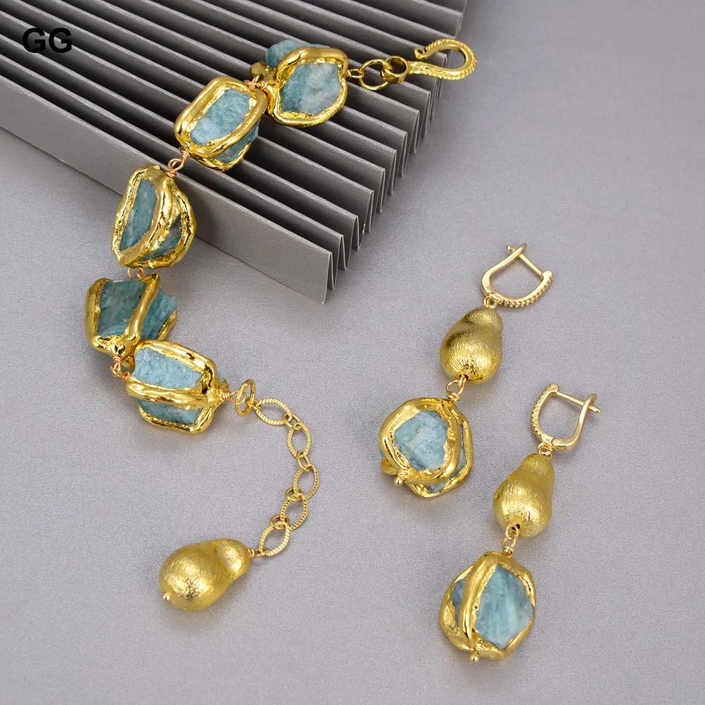 GuaiGuai Jewelry Natural Blue Amazonites Rough Nugget With Electroplated Edge Bracelet Dangle Hook Earrings Sets For Women