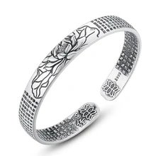 Винтажный 925 пробы Серебряный Амулет Будда Лотос Балтики буддийские Писания тайские серебряные браслеты из манжеты и браслеты