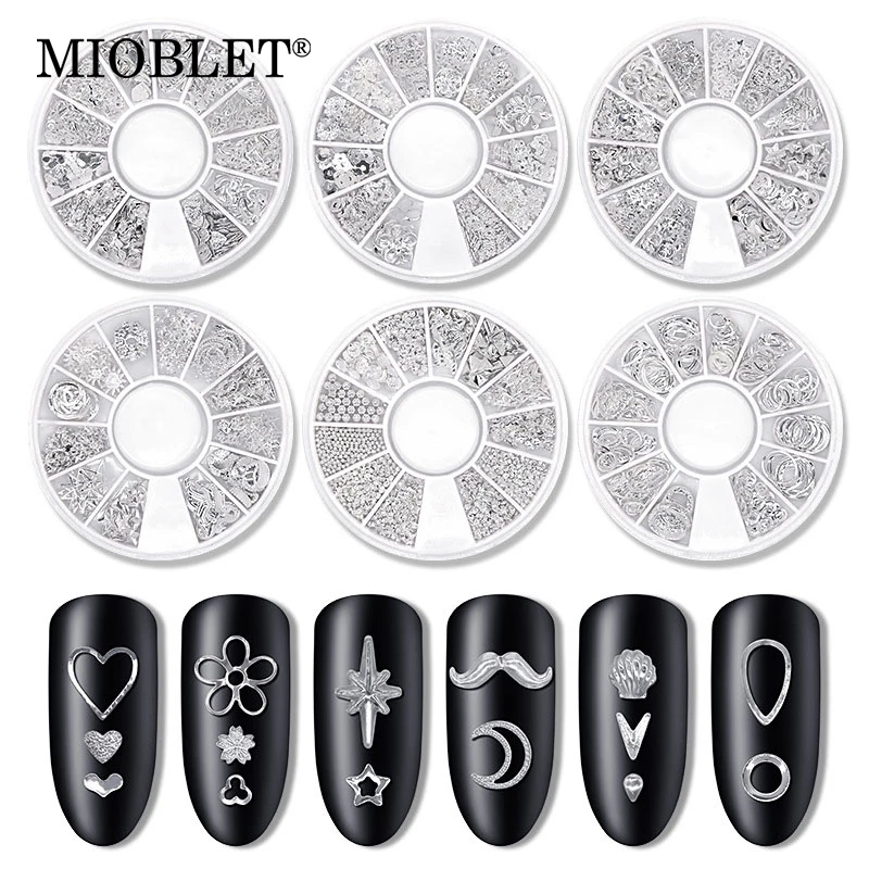 

1 Box Silver Rivet Hollow 3D Nail Art Decorations Mixed Size Metal Stars/Moon Nail Rivets Shiny Charm Strass DIY AB Rhinestones