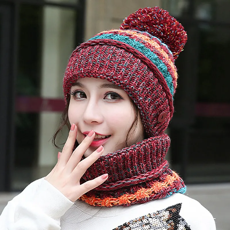 

Winter Ski Cap Women Winter Warmer Sport Running Hiking Hat Girls Detachable Warm Knitted Scarf Hats