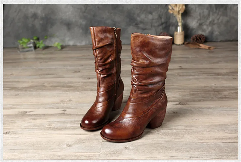 2020 Women Winter Mid-Calf Boots Genuine Leather Handmade Shoes Ladies Fashion Snow Boots Shoes Side Zipper High Heels Warm Boot (12)