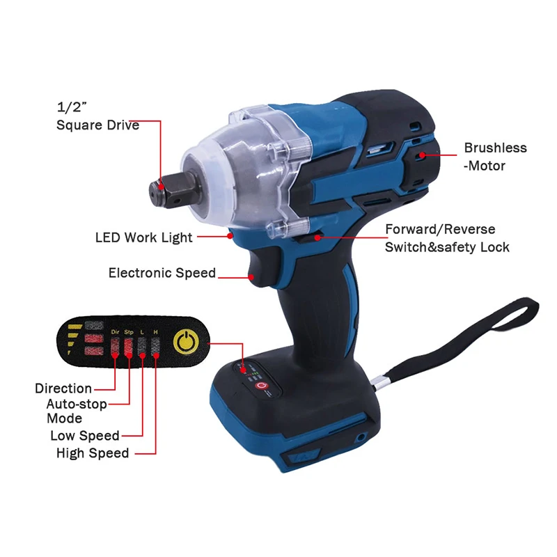 Brushless Electric Wrench Impact Socket Wrench 18V 520Nm for Makita Battery Hand Drill Installation 1/2 Socket Power Tool Wrench