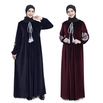 

Muslim Long Dress Women Floral Embroidery Velvet Big Swing A-line Turkey Maxi Hijab Dubai Kaftan Arabic Chaste Islamic Vestidos