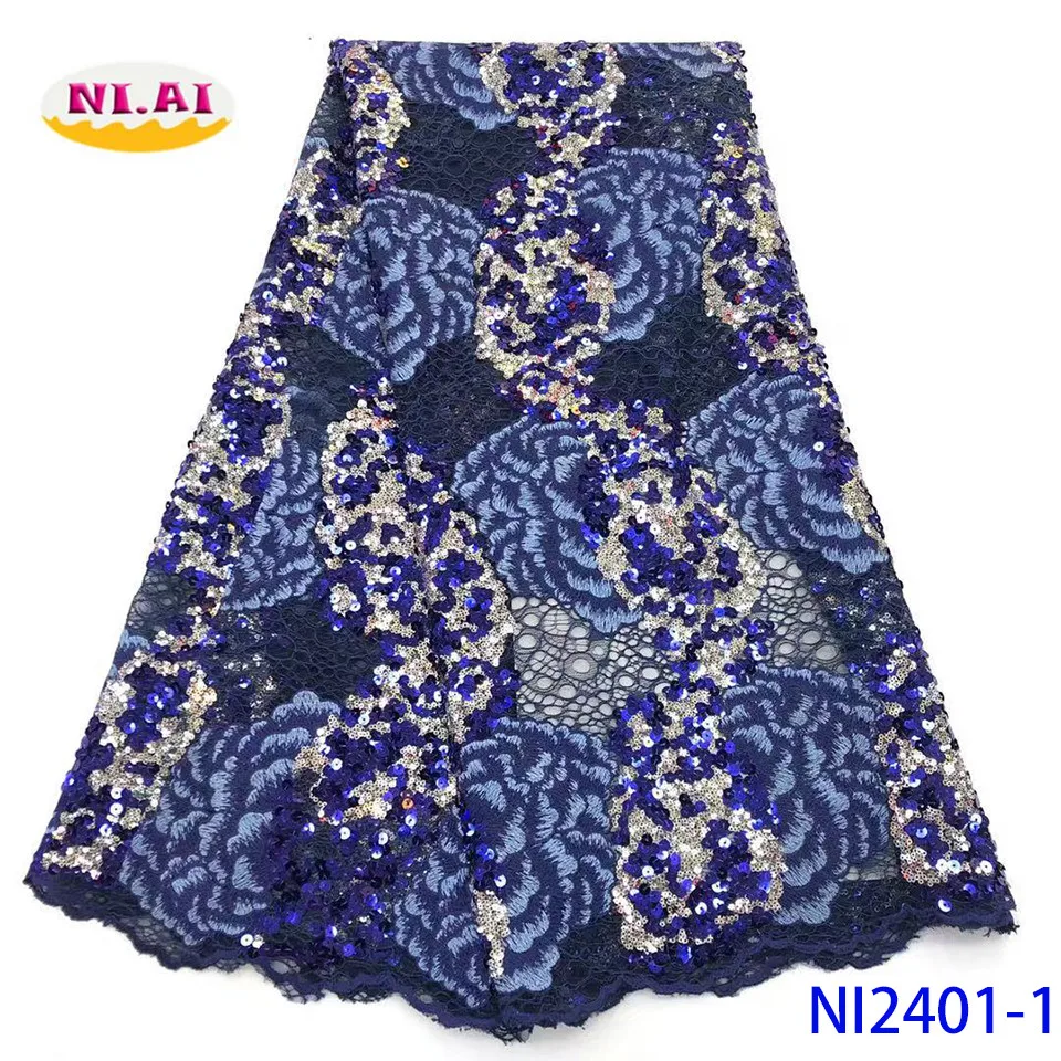 NIAI African Lace Fabric High Quality Lace Nigerian Sequins Lace Fabrics Embroidered French Lace Fabric For Women NI2401-4