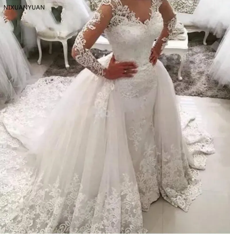 Vestido De Noiva Lace Mermaid Trouwjurk met Afneembare Rok Backless Lange Mouwen Saudi Arabië Bridal Bruidsjurken Dubai Vestido De Noiva Lace Mermaid Trouwjurk met Afneembare Rok Backless Lange Mouwen Saudi Arabië Bridal Bruidsjurken Dubai