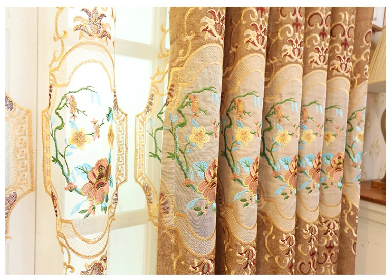 coffee curtain Высококачественная шелковая вышитая Роскошная штора в европейском стиле для ливеринга, занавески с бисером и тюлем по индивидуальному заказу - Цвет: coffee curtain
