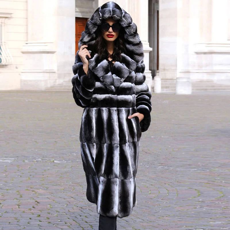 Length 100cm Hood Женская меховая куртка из натурального Шиншилла Шуба из кролика Рекс 100 см длинная Толстая натуральная Шуба из кролика Рекс s зима - Цвет: Length 100cm Hood
