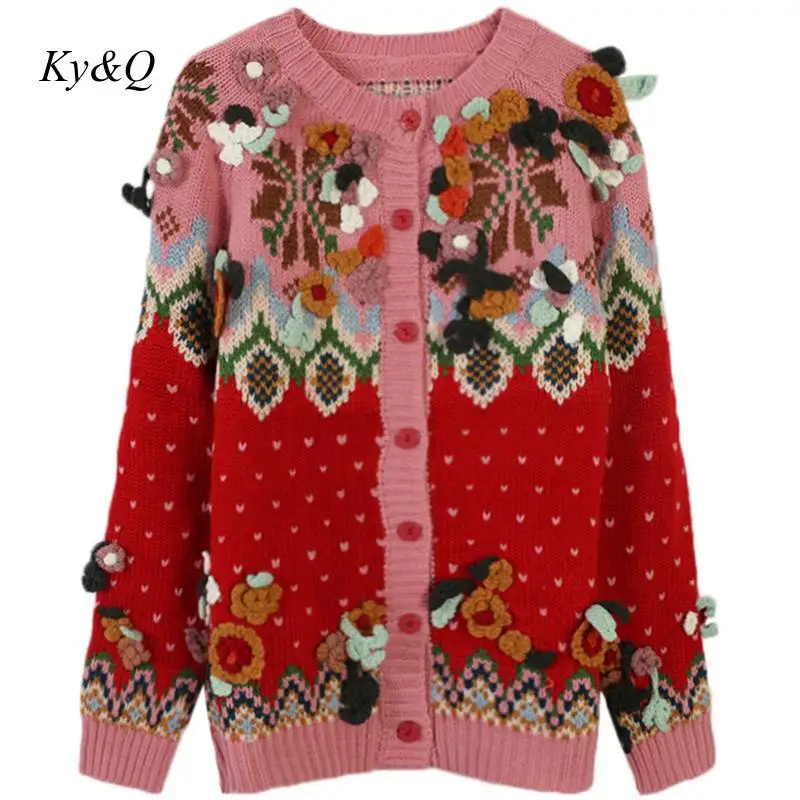 

2019 Brands Christmas Autumn Winter Embroidery Flowers Handmade crochet flower round neck long sleeve loose knit cardigan