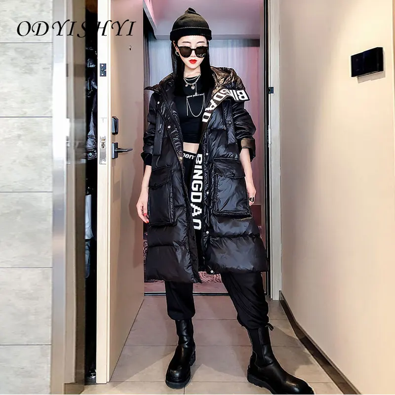 Lady Mid Long Down Jacket Hooded Women Parkas High