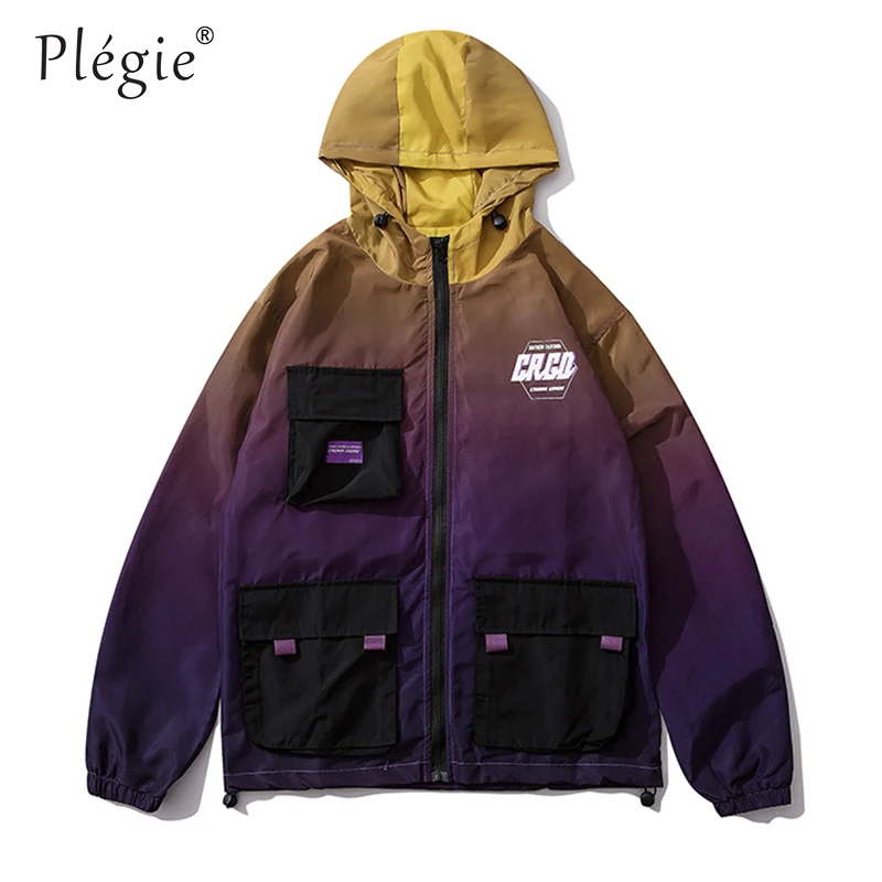 

Plegie Hip Hop Gradient Hooded Mens Jackets 2019 Autumn Harajuku Color Block Coats Casual Streetwear Multi Pockets Windbreaker
