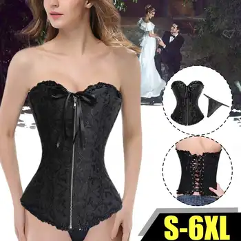 

Women Zipper Bustier Top Corset Sexy Boned Waist Trainer Corset Overbust Brocade Plus Size S-6XL