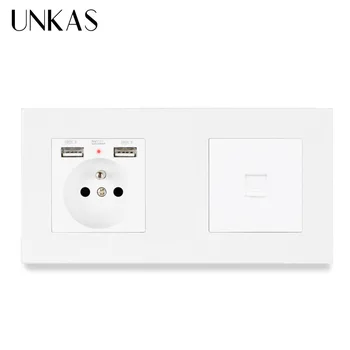 

UNKAS PC Plastic Panel French Standard Wall Socket with 2 USB Charge Port + RJ45 Internet Computer Connector Enchufe Pared USB