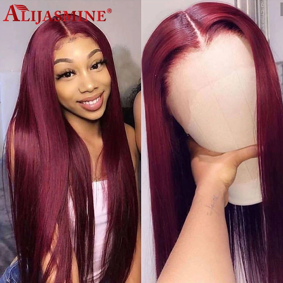 Красный 99J длинные прямые волосы 13x6 Синтетические волосы на кружеве человеческих волос парики для чернокожих Для женщин 130%-180% предварительно с детскими волосами перуанские Волосы remy парик