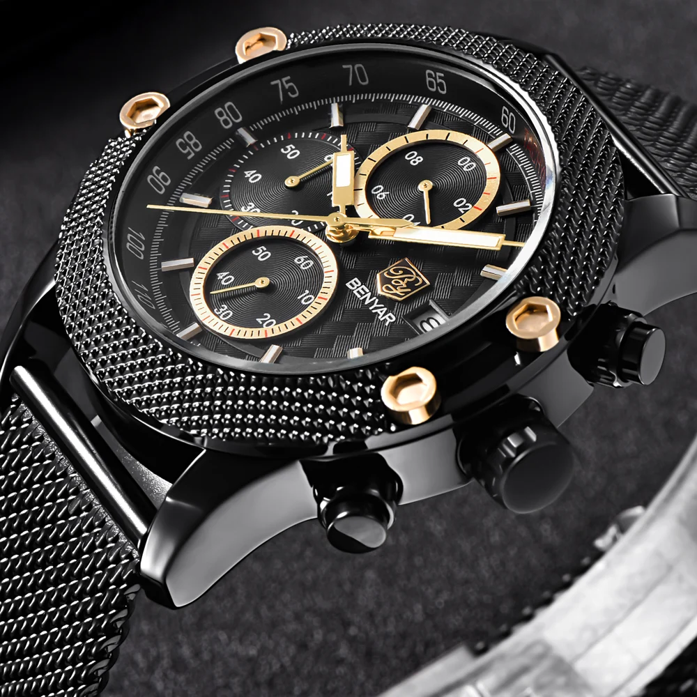 

2019 BENYAR Sport Chronograph Fashion Watches Men Mesh & Rubber Band Waterproof Luxury Brand Quartz Watch Gold Saat dropshipping