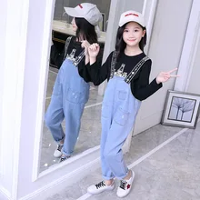 Джинсовый комбинезон на лямках для маленьких девочек, комбинезон для подростков, детский джемпер, длинные штаны, одежда для крупных девочек, синий цвет