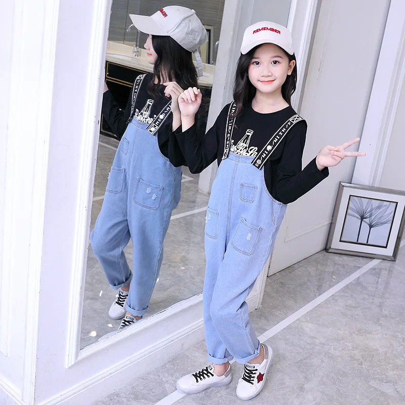 Комбинезон джинсовый для девочек-подростков длинные брюки - Цена: 