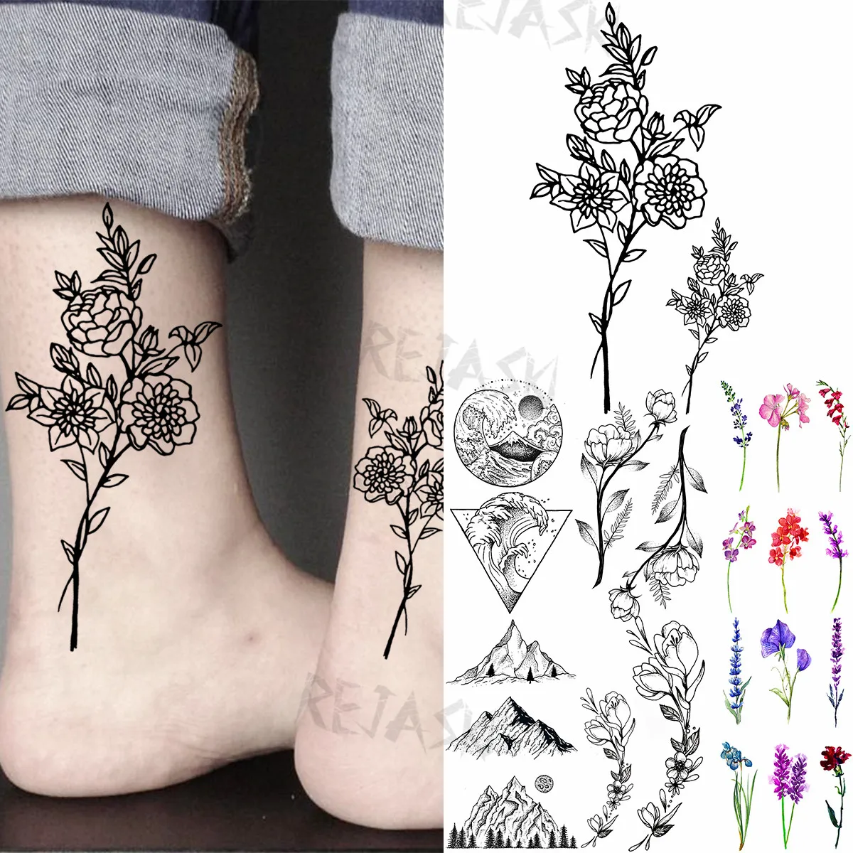 

Black Peony Plum Temporary Tattoos For Women Adult Geometry Mountain Sea Lavender Fake Tattoo Foot Wrist Water Transfer Tatoos
