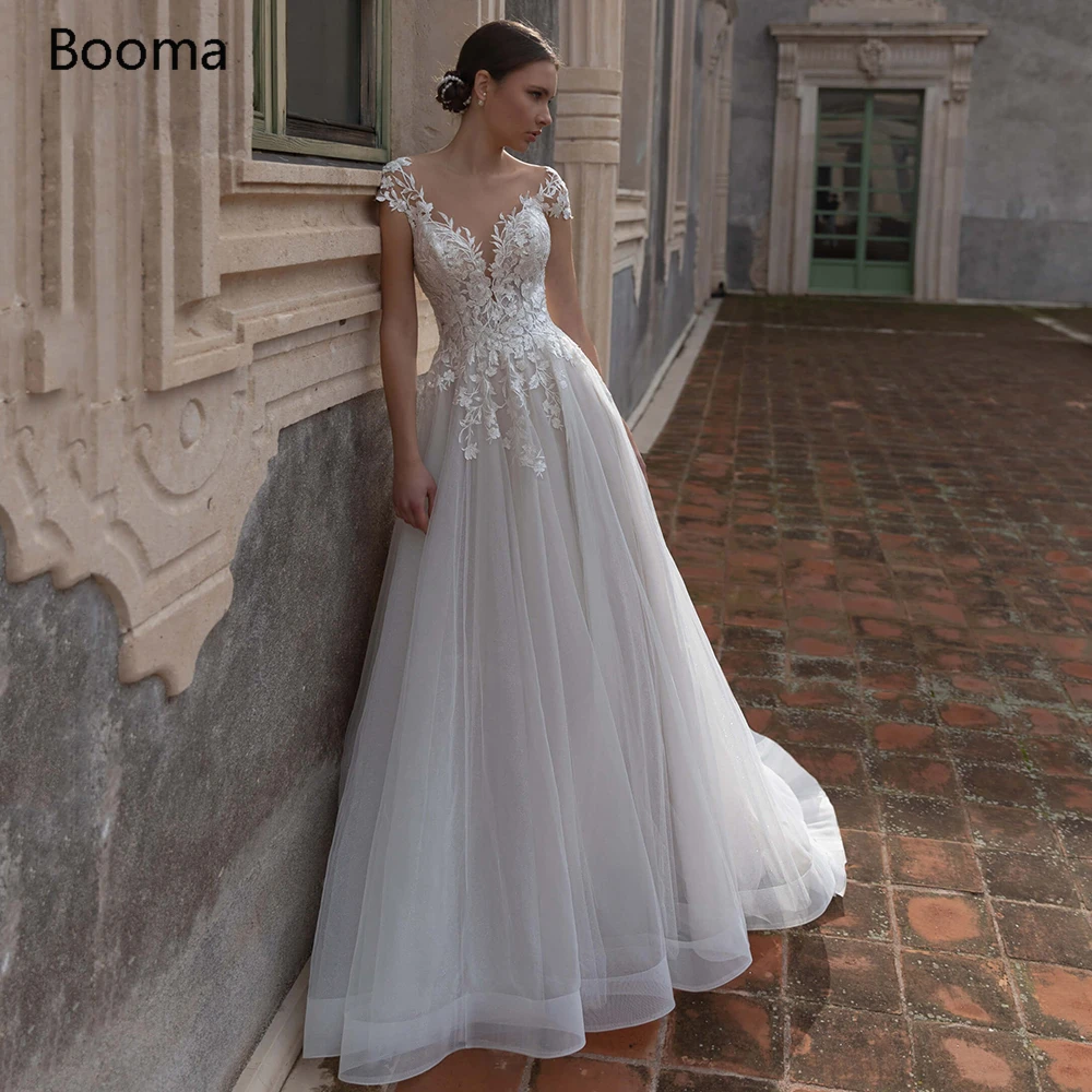 

Simple V-Neck Beach Wedding Dresses Cap Sleeves Lace Appliques Long Bride Dresses Backless Glitter Tulle A-Line Wedding Gowns