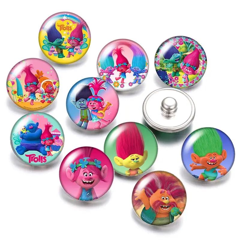 

DB0484 Cartoon Trolls 18mm snap buttons 10pcs mixed round photo glass cabochon style for snap button jewelry