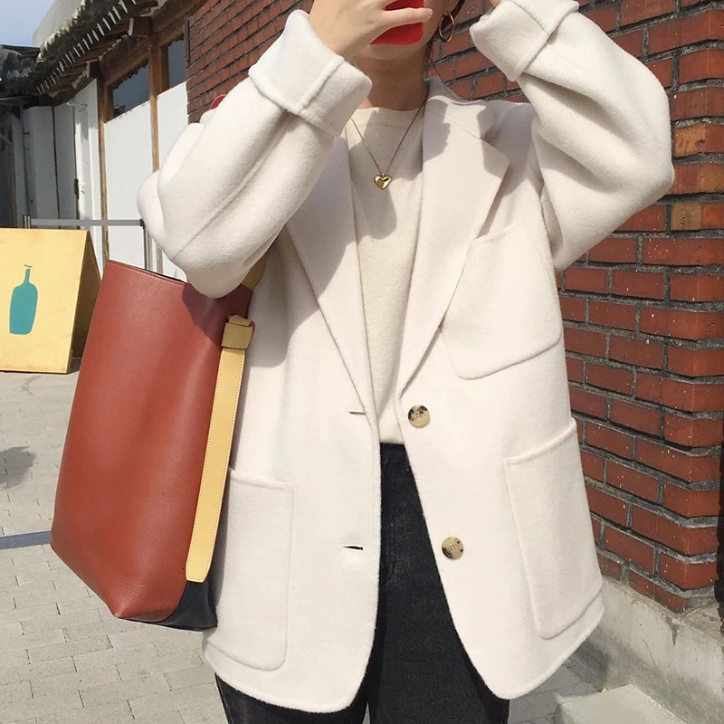 GALCAUR Korean Wool Coat For Female Lapel Collar Long Sleeve Pocket Oversize Casual Women's Coats Autumn Winter Fashion New