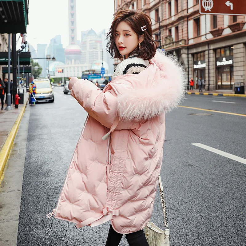 Новинка, зимнее женское длинное пальто с большим меховым воротником, женское плотное теплое белое пуховое пальто с капюшоном, парка - Цвет: pink